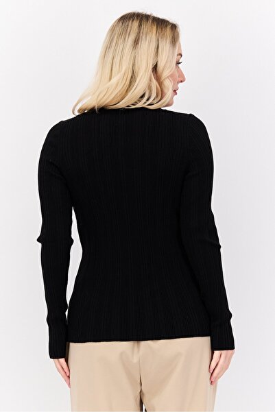 Hugo Boss Women Mock Neck Long Sleeves Ribbed Top, Black
