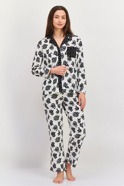 Anne Klein Women 2 Piece Allover Print Top And Bottom Pajama, Black