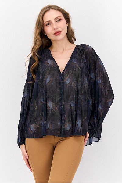 Vince Women V-neck Long Sleeve Floral Print Blouse, Navy Combo