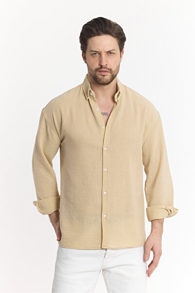 BİYOGRAF Keten Dokulu Bol Kalıp Uzun Kollu Oversize Bej Erkek Gömlek