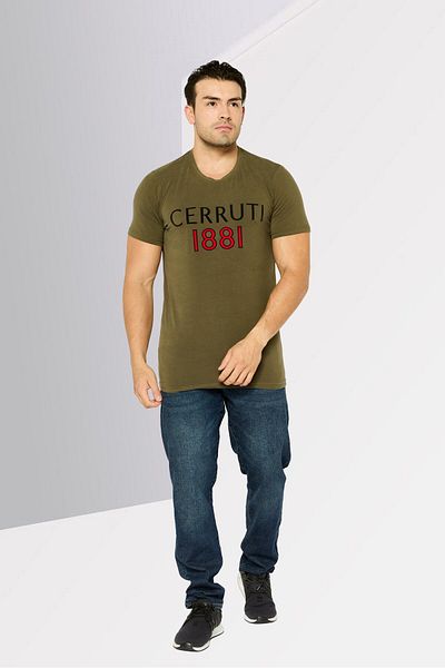 Cerruti 1881 تي شيرت رجالي بشعار العلامة التجارية بأكمام قصيرة ورقبة دائرية، زيتوني