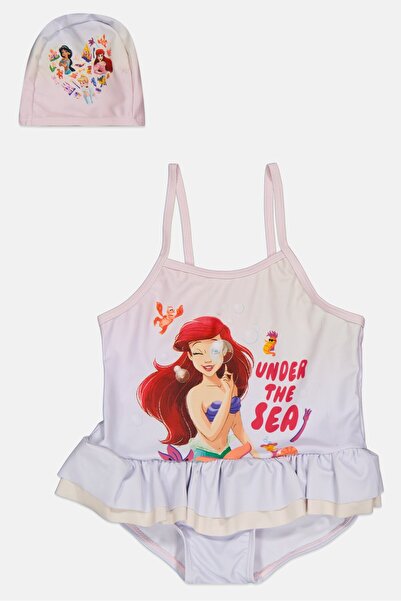 Disney Kids Girl 2 Pcs Graphic Print One Piece Swimsuit And Cap Set, Light Bl...