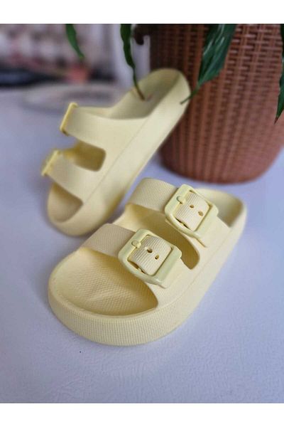 AkınalBella Yellow Double Buckle Lightweight Children's Slippers - Beach, Sea, Pool Casual Design