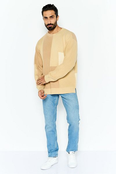 Esprit Men Crew Neck Color Block Long Sleeves Sweatshirt, Beige Combo