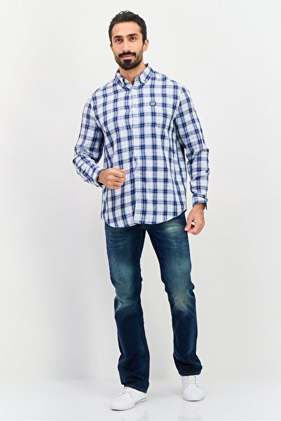 Perry Ellis Men Regular Fit Long Sleeves Plaid Casual Shirt, Navy