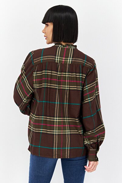 Tommy Hilfiger Women Ruffle Neck Long Sleeves Checkered Blouse, Multicolor