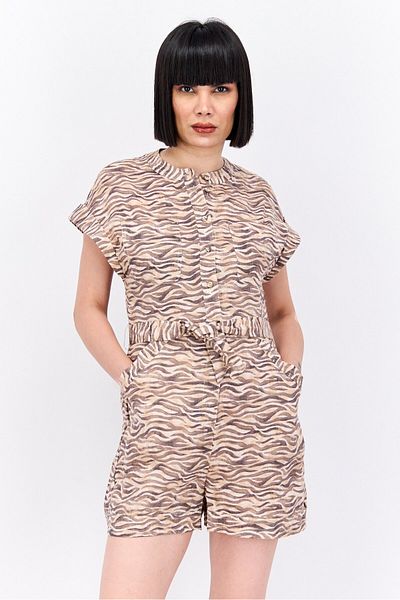 Scotch & Soda Women Allover Printed Cap Sleeve Play Suit, Green Combo, Light Brown