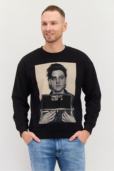 Elvis Men Crew Neck Graphic Printed Long Sleeves Sweatshirt, Black