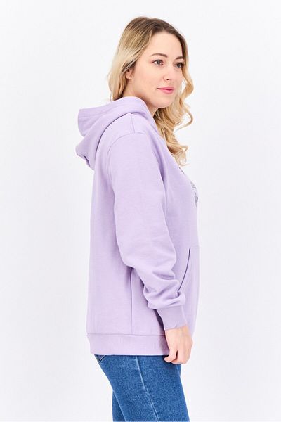 Brave Soul Women Hooded Graphic Print Long Sleeves Sweatshirt, Lavender