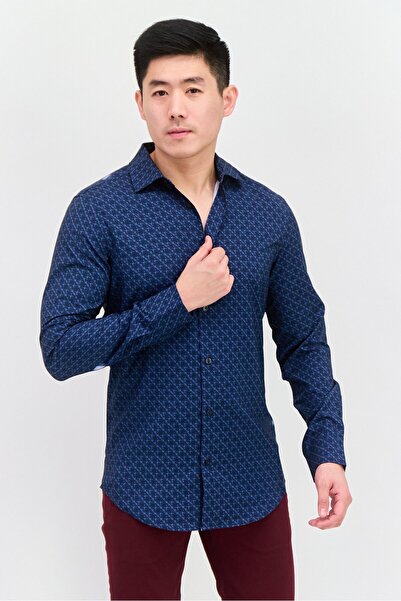 Perry Ellis قميص رجالي كاجوال بأكمام طويلة وطبعات كاملة، مقاس عادي، أزرق داكن