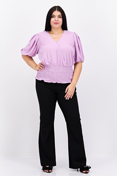 1 State Women Plus Size V-Neck Puffed Sleeves Plain Blouse, Purple