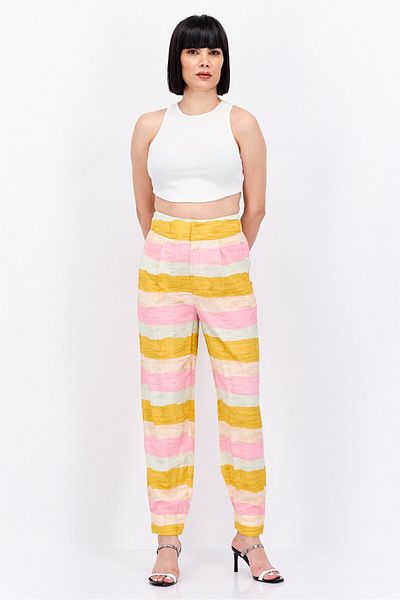 Scotch & Soda Women Regular Fit Stripped Straight Leg Pants, Pink Combo
