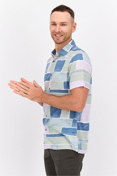 Perry Ellis Men Regular Fit Short Sleeves Allover Printed Casual Shirt, Blue