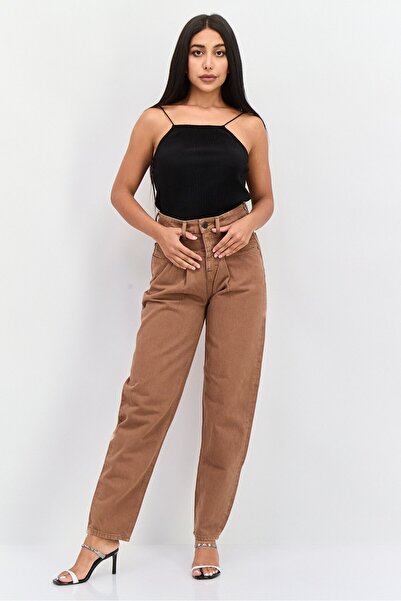 Waven Women 90s Tapered Fit Plain Non Stretch Jeans, Brown