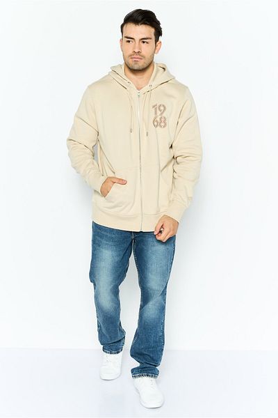 Esprit سويت شيرت رجالي بغطاء رأس وطبعة جرافيكية وأكمام طويلة، لون بيج