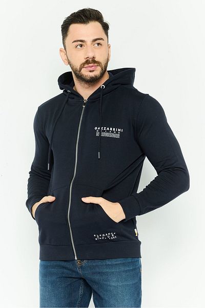GAZZARRİNİ Men Brand Logo Long Sleeves Hoodie, Dark Navy