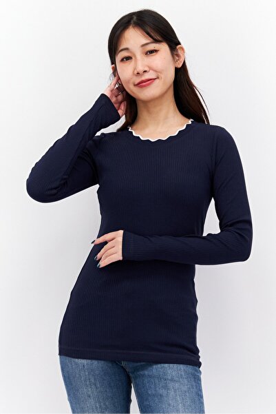 Esprit Women Crew Neck Long Sleeve Textured Top, Navy