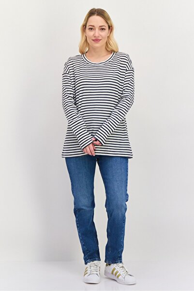 Esprit Women Round Neck Long Sleeves Stripe Print Top, White