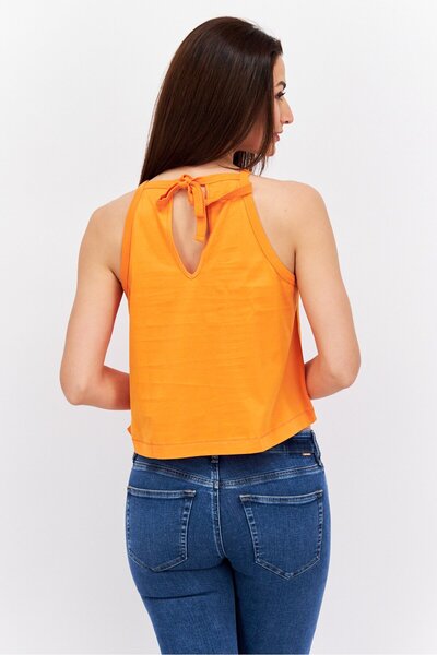 Esprit Women Tie Neck Sleeveless Solid Top, Orange