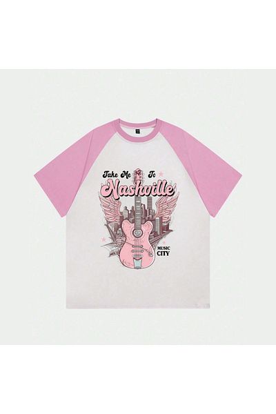 Touz Moda Λευκό Unisex Pink Raglan Nashville T-Shirt