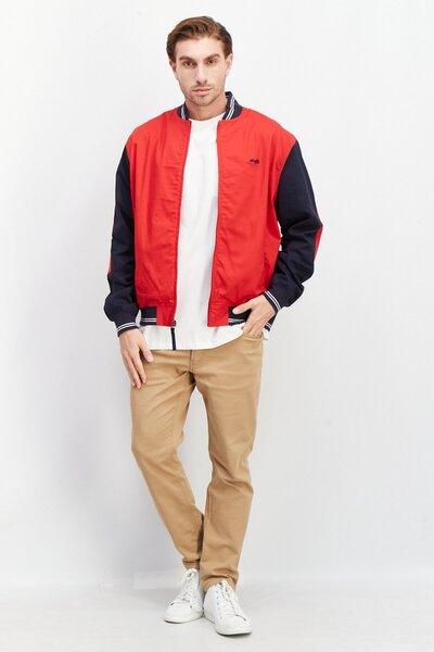 Perry Ellis Men High Neck Plain Bomber Jacket, Red