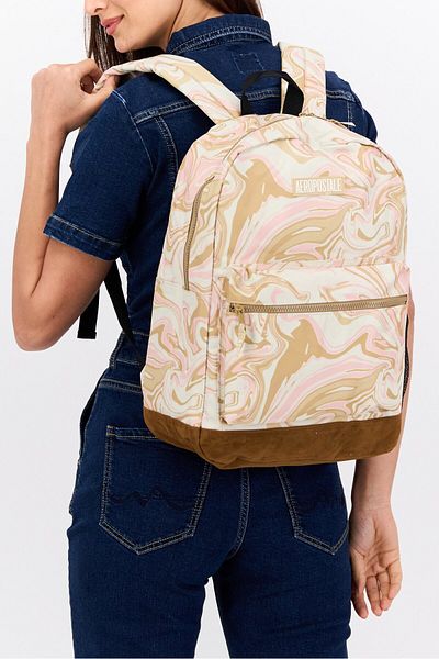 Aeropostale Women Textured Brand Logo Bag Pack 44 H x 32 L x 14 W cm, Beige