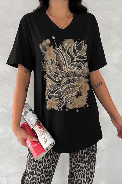 FEMELLE Tricou de damă, negru, cu decolteu în V, cu model de frunze, cu paiete, brodat 100% bumbac