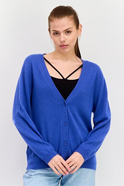 NAH/ Studio كارديجان نسائي منقوش بفتحة رقبة على شكل حرف V، أزرق