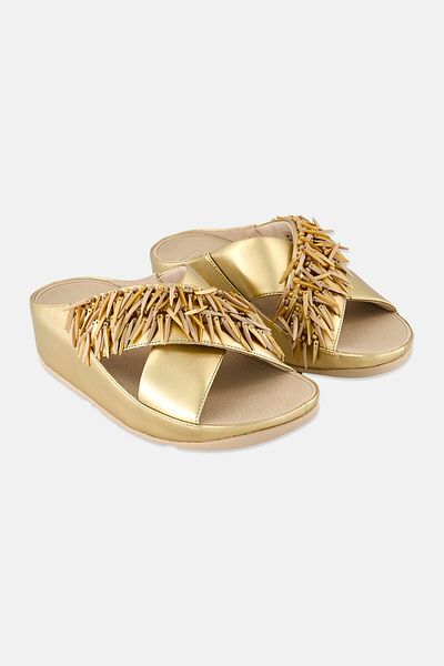 Fitflop Women Rumba Beaded Metallic Cross Slide Sandals, Platino Gold