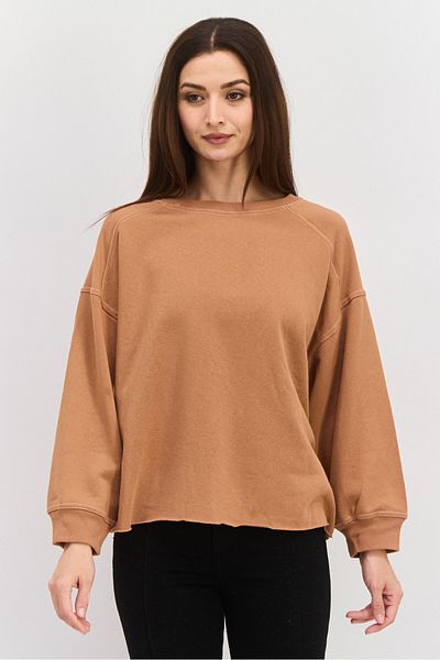 Sage Collective Women Round Neck Plain Sweatshirt, Brown