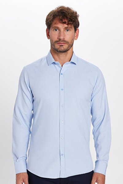 Tudors Modern Slim Fit Uzun Kollu Pamuklu Kolay Ütü Armürlü Mavi Erkek Gömlek