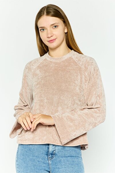 Black Tape Women Crew Neck Long Sleeve Knitted Top ,Taupe
