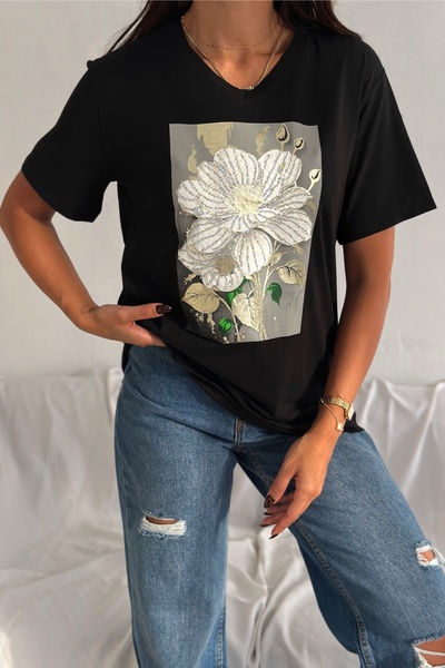 FEMELLE Women's Black V-Neck Plus Size Flower Pattern Sequin Sequin Embroidered 100% Cotton Plus Size T-Shirt