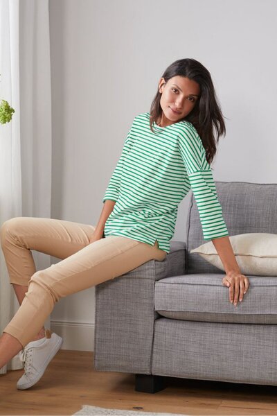 Tchibo Women Round Neck Elbow Sleeve Stripe Tops, Green