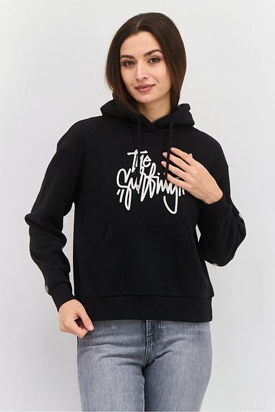 Mode by Redtape Women Graphic Print Long Sleeves Hooded Sweatshirt, Black