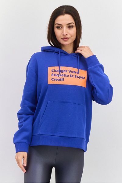 Red Tape Women Hood With Drawstring Long Sleeve Graphic Print Sweatshirts, Blue Combo