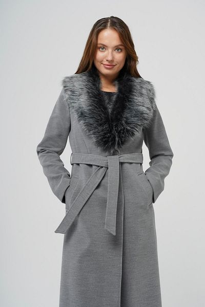 Olcay Abnehmbarer, an der Taille gebundener langer Mantel mit Pelz, Grau 3804