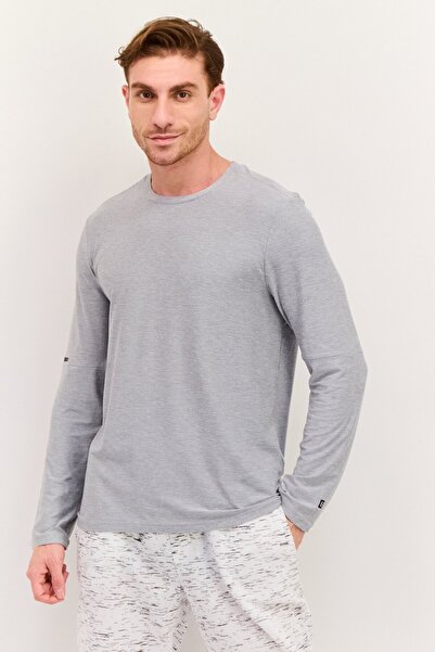 Layer 8 تي شيرت رجالي رياضي بأكمام طويلة للجري، رمادي باهت
