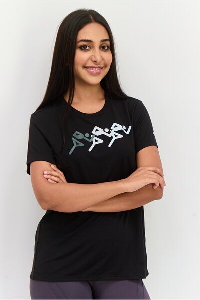 Puma تي شيرت رياضي نسائي بأكمام قصيرة للجري، أسود