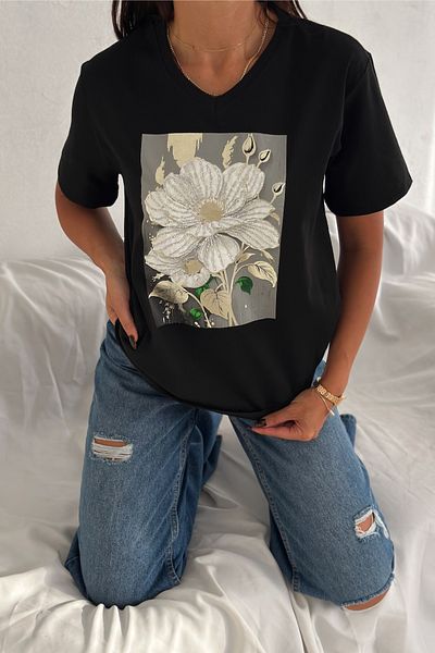 FEMELLE Women's Black V-Neck Plus Size Flower Pattern Sequin Sequin Embroidered 100% Cotton Plus Size T-Shirt