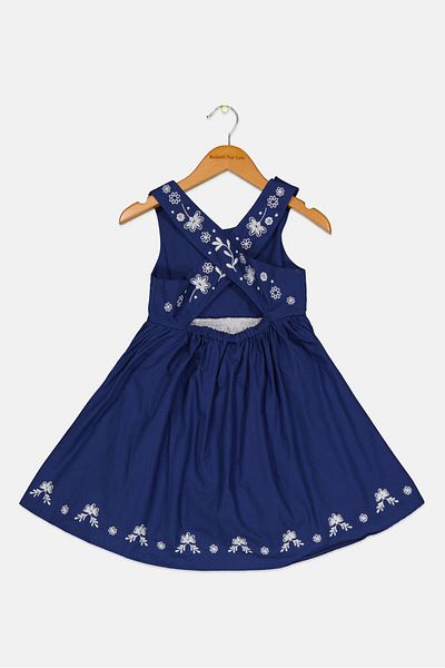 Miss Toddlers Girl Round Neck Sleeveless Embroidered Dress, Navy