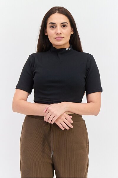 Reebok بلوزة نسائية رياضية بأكمام قصيرة للخارج، باللون الأسود