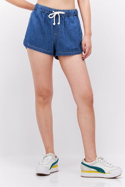 Roxy Women Washed Drawstring Denim Shorts, Blue