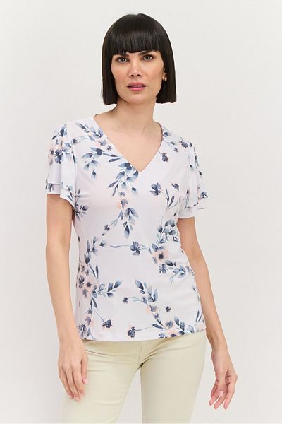 Calvin Klein Women V-neck Short Sleeve Floral Print Blouse, White Combo