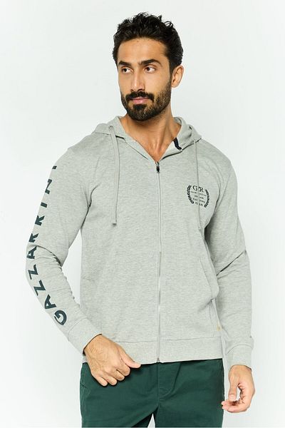 GAZZARRİNİ Men Hooded Brand Logo Long Sleeve Sweatshirt, Grey