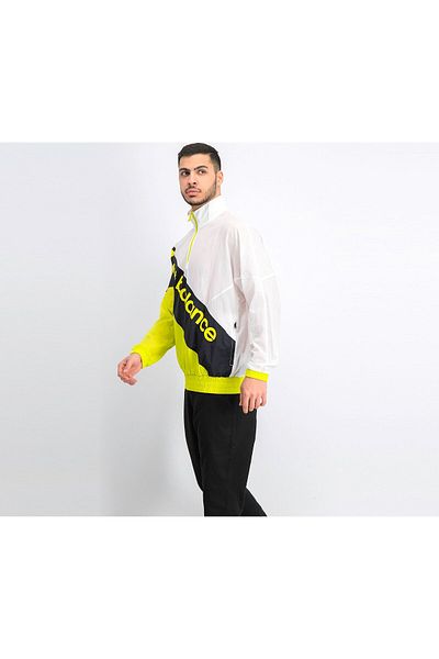 New Balance Men Quarter Zip Long Sleeve Windbreaker Training Jacket, White and Lime Green