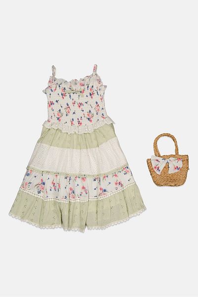 Miss Kids Girl 2 Pcs Floral Print Dress With Handbag, Multicolor