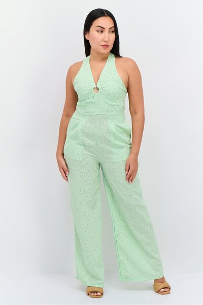 QED London Women Sleeveless Polka Dot Jumpsuit, Light Green