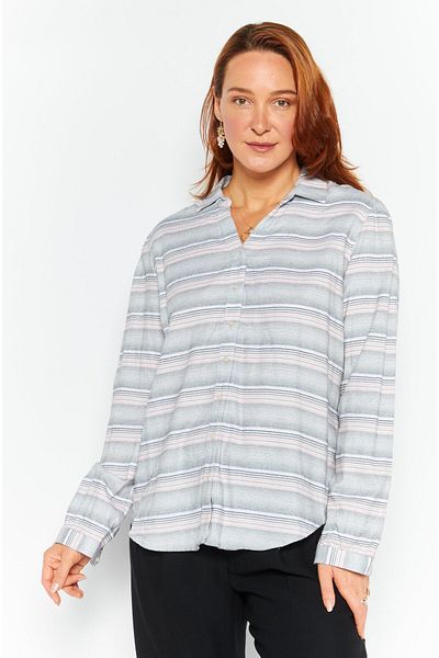 Weatherproof Women Split Neck Long Sleeve Striped Blouse, Grey Combo
