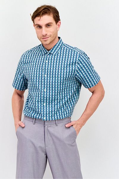 Perry Ellis قميص رجالي كاجوال بقصّة عادية وأكمام قصيرة بطبعة مربعات، باللون الأخضر المزرق